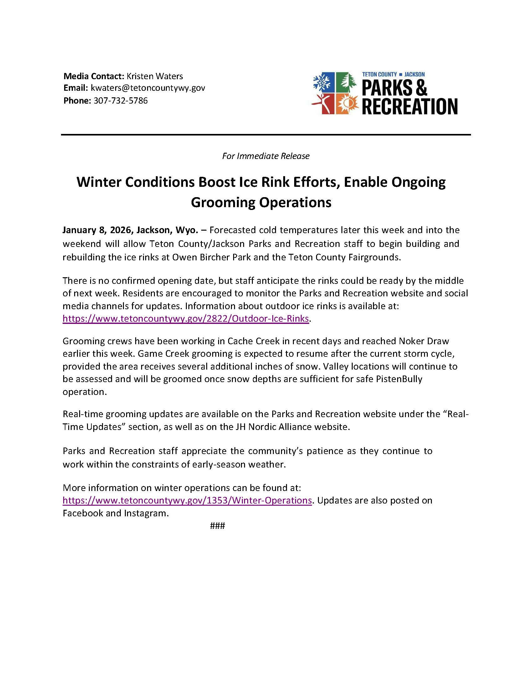 Winter Ice Rinks and Trail Grooming Update 01082026
